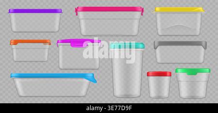 Realistic plastic containers, food packages vector mock ups isolated on transparent background. 3d clear plastic box, jar and bucket with color lids and latches. Round, rectangular reusable containers Stock Vector