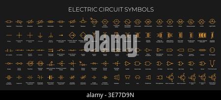 Electric circuit symbols, schematic electronic diagram vector icons. Resistor, switch and wire with light elements, inductor, battery, transistor and lamps, electric circuit blueprint line symbols set Stock Vector