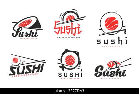 Japanese salmon sushi restaurant icons of vector rolls and nigiri with chopsticks. Asian cuisine sushi bar and japanese seafood restaurant symbols of rolls and nigiri with rice and salmon fish in nori Stock Vector