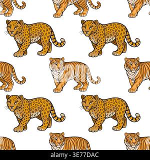 Seamless vector pattern of stylized tigers and leopards in a playful jungle theme Stock Vector