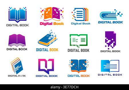 Digital online book icons of vector education, digital library or e book symbols set. Opened book, dictionary, paper document or diary isolated silhouettes with color pixel and circuit pattern Stock Vector