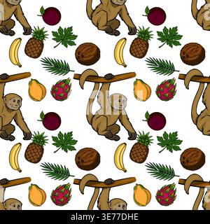 Seamless vector pattern of playful monkeys hanging from branches amidst tropical fruits like bananas, pineapples, coconuts, papayas, dragon fruits, an Stock Vector