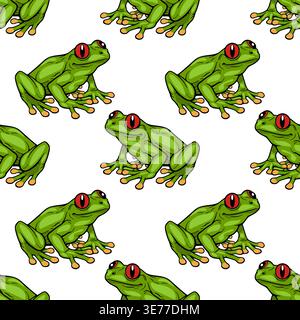 Seamless vector pattern of vibrant green red-eyed tree frogs with orange toes on a white background. Stock Vector