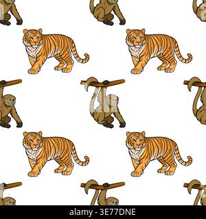 Seamless vector pattern of playful tigers and monkeys swinging on branches, jungle theme illustration Stock Vector