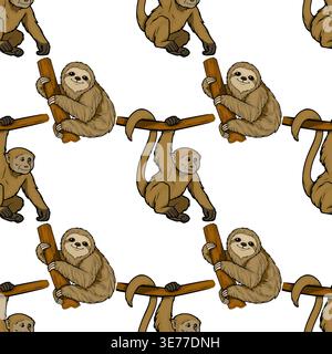 Seamless vector pattern of cute monkeys and sloths hanging on branches in a jungle setting. Stock Vector