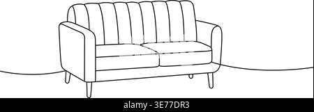 Modern two-seater sofa in clean line drawing. Minimalist couch with soft cushions and vertical stitching Stock Vector
