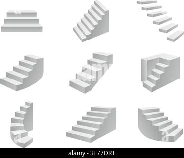 Set of 9 grey 3D isometric staircase icons. Collection of minimal modern stair designs. Stock Vector