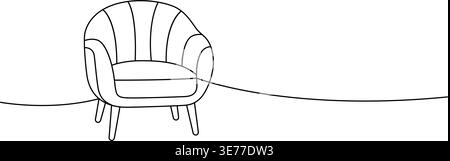 Cozy rounded armchair in minimal line art. Modern single-seater furniture with vertical upholstery seams Stock Vector