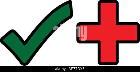 Two green and red checkmark shapes with black borders on white background Stock Vector