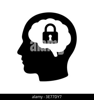 Head silhouette with brain and lock icon symbolizing mental block Stock Vector