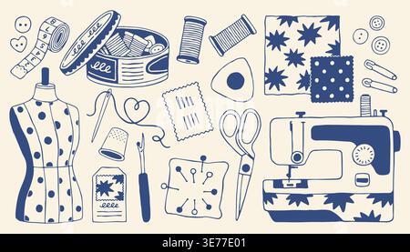 Hand drawn vector sewing kit set in Mediterranean blue. Features sewing machine, mannequin, scissors, and tools. Vintage craft icons for tailor shop Stock Vector