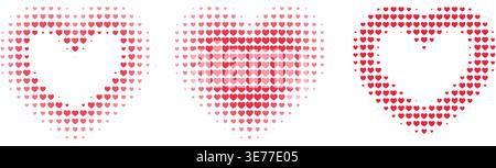 Heart shape halftone frames with gradient dot patterns. Romantic vector designs featuring retro comic effects and pink geometric decorations for Valentines Day graphics. Stock Vector