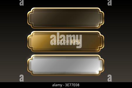 Elegant blank golden framed labels and buttons with a glossy metallic finish, ideal for UI elements or banners. Vector illustration Stock Vector