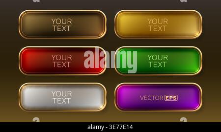 Modern set of glossy rectangular buttons with golden frames in various vibrant colors. Vector illustration. Stock Vector