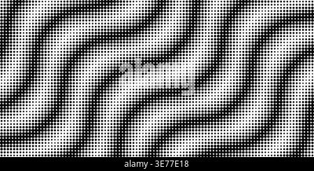 Wavy halftone lines flow across white background with dotted gradient texture. Curved geometric patterns create fluid motion with corrugated design. Stock Vector