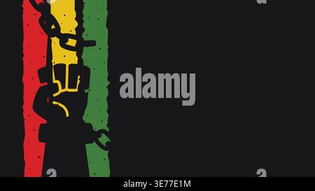 Juneteenth template copy space background with raised fist silhouette on red, yellow, and green rough shapes set against a black horizontal backdrop. Stock Vector