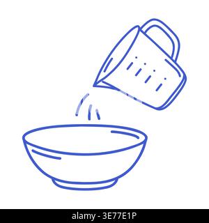 Measuring cup pouring into bowl in blue line art style. Hand drawn icon of Cooking process. Outline vector isolated illustration.  Stock Vector