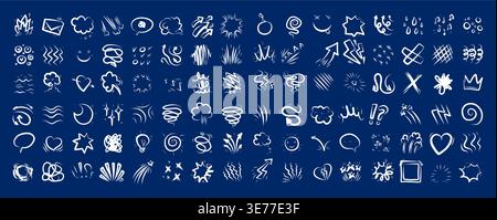 Line cartoon comic expression icons in blue background. Doodle movement marks, bubbles, boom and spark shapes, arrows, hearts, sweat drops and shock bursts. Vector crayon style set anime emotion Stock Vector