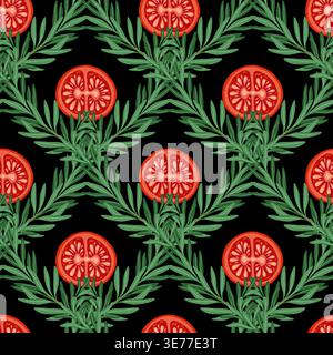 Tomato cherry slice and rosemary twig vector seamless pattern. Hand drawn vegetable grid on black background. Organic food for restaurant menu design. Natural kitchen print for wallpaper and textile. Stock Vector
