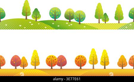 Seamless Vector Spring And Autumn Landscape Illustration Set Isolated On A White Background. Horizontally Repeatable. Stock Vector