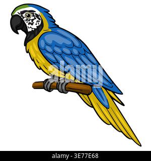 Blue and yellow macaw parrot perched on a branch, vector illustration Stock Vector