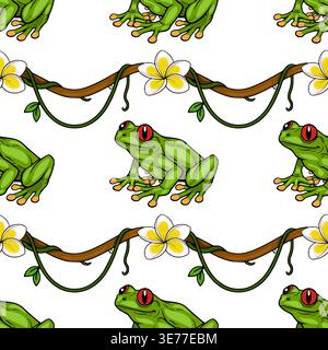Seamless jungle pattern vector with red-eyed tree frogs and frangipani flowers on vines Stock Vector