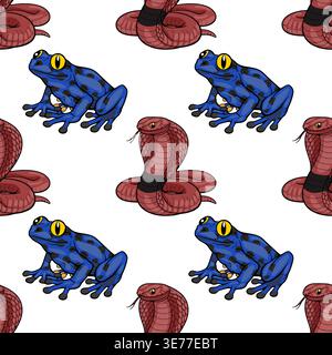 Seamless vector pattern of a red cobra snake and a blue poison dart frog illustration Stock Vector