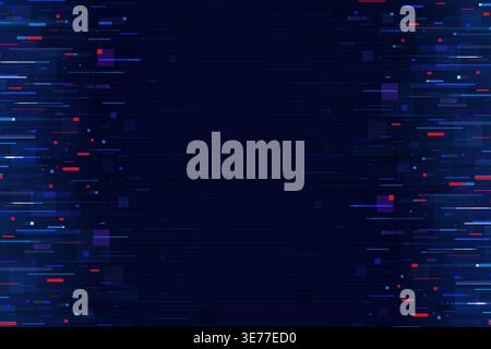 Pixel glitch effect on noise screen background. Abstract digital backdrop with horizontal blue and red distortion lines. Vector dynamic cyber technology futuristic screen interference or motion effect Stock Vector
