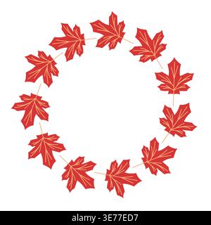 Red maple leaf wreath illustration with foliage arranged in a circular frame. Flat style isolated on white background, ideal for autumn cards Stock Vector