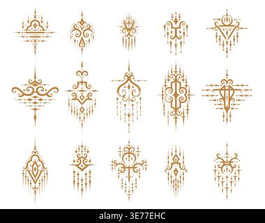 Sacred oriental thai symbols and embellishment decorations. Vector gold talisman, tattoo or mystic amulet isolated symbols set with ancient thai geometric pattern and sacred oriental elements Stock Vector
