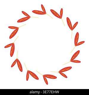 Red leaf wreath illustration with simple branches arranged in a circular frame. Perfect for card, invitation and decorative seasonal design. Stock Vector