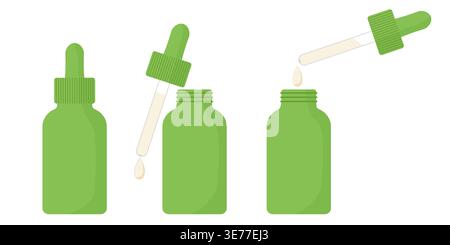 Green dropper bottles sit side by side. One dropper releases drops above an open jar. Simple, clean design for health or beauty. Ideal for product lab Stock Vector