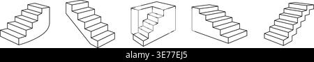 Set of 5 outline stair icons. Isometric staircase designs in minimal line art. Stock Vector