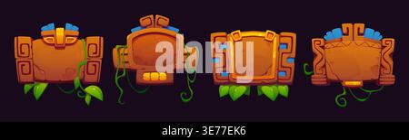 Aztec Inca Maya mexican game frame board asset, vector UI. Cartoon brown rock game frame boards and signs with green vines and leaves of liana plants, stone texture and ancient aztec totem pattern Stock Vector
