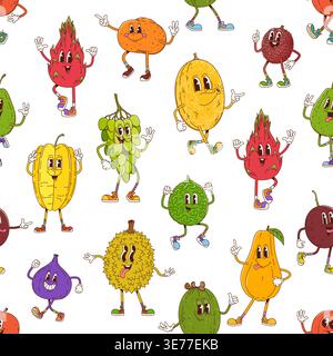 Retro groovy fruit characters seamless pattern. Cartoon vector tile background with y2k hippie vibe and exotic tropical fig, papaya, durian, , dragonfruit, lime, mangosteen, bergamot comic personages Stock Vector