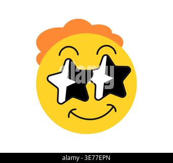 Vintage Y2K groovy emoji face in star sunglasses sticker or funky label. Retro 90s vector patch, funky cool sticker. Vintage 2000s tag or Y2K nostalgic label with cheerful emoji face personages Stock Vector