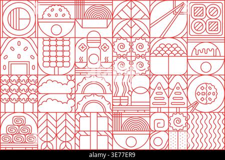 Japanese cuisine geometric pattern with sushi, ramen, rice bowl and chopstick. Red line outline grid background with fish, wave, cloud, sun and tea cup symbol. Vector Asian culture and food menu tile Stock Vector