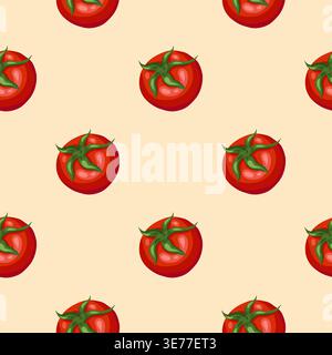 Red tomato cherry vector seamless pattern. Hand drawn vegetables staggered on beige background. Organic garden food for restaurant menu design. Natural kitchen ornament for wallpaper and packaging. Stock Vector