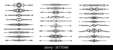 Elegant divider frame borders and separate lines with ornate calligraphic elements. Vector vintage dividers set with celtic line ornaments and tribal knot patterns of arrows, flowers and leaf scrolls Stock Vector