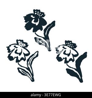 Hand drawn abstract flowers black silhouettes bundle with expressive brush strokes and rough textured edges Stock Vector