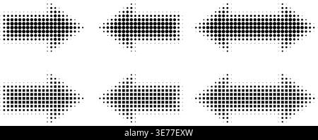 Dynamic arrow icons with halftone gradient effects. Modern digital vector set featuring directional symbols with dot pattern textures for graphic design projects. Stock Vector
