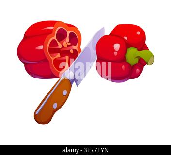 Bell pepper cutting with knife, food cooking process. Fresh vegetable slicing with chef knife, breakfast veggie cutting cartoon vector concept. Salad meal preparation or food cooking process Stock Vector