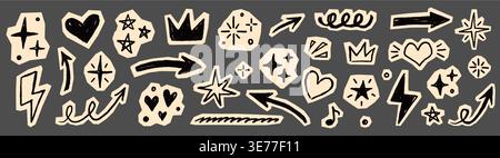 Scrapbook collage sticker element set. Hand drawn paper cut collage with crayon doodle line brush texture. Cute planner craft template design with heart circle arrow star label frame. Vector illustration Stock Vector