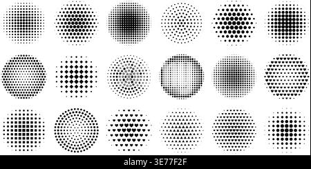 Halftone dot gradient circles with smooth tonal transitions. Vector abstract pattern background featuring geometric round shapes in radial fade effect design. Stock Vector