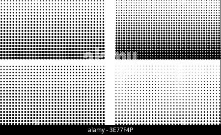 Dot matrix patterns with gradient fade on isolated backgrounds. Versatile halftone textures for modern graphic design, retro print projects, and digital artwork. Stock Vector