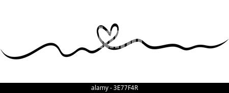 Continuous squiggle line clear heart silhouette in the center. Black freehand cable style stroke works as romantic divider for love quotes, wedding cards and Valentine layouts on white background. Stock Vector