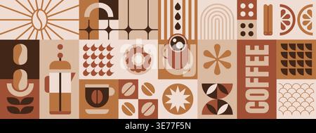 Abstract geometric coffee pattern with beans, hot drink cups, with drops, leaves, bauhaus elements simple shapes. Vector minimalist seamless background, design template for cafe cover, menu, packaging Stock Vector