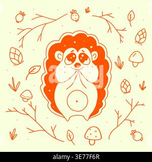 Cute hedgehog with forest elements line art illustration Stock Vector