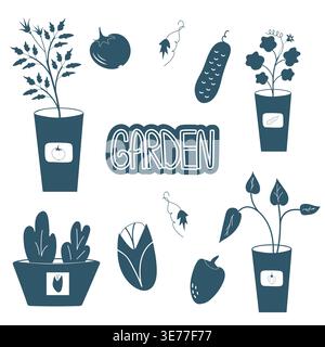 set of vector illustrations on a garden theme in flat style in a monochrome color palette.  Stock Vector