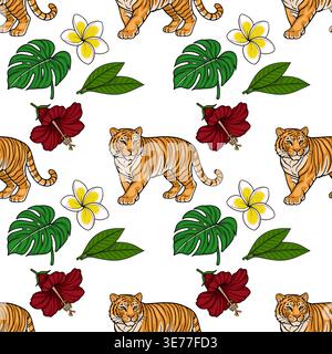 Seamless vector pattern of tigers and tropical flowers with monstera leaves Stock Vector